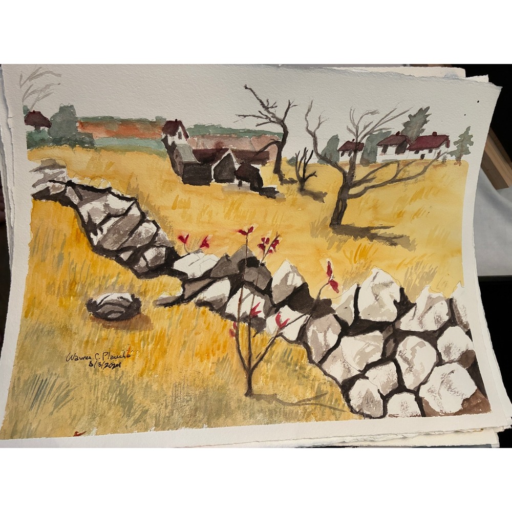 New England Rock Fence 2021 11x15 Warren C Plauche Original Watercolor Painting
